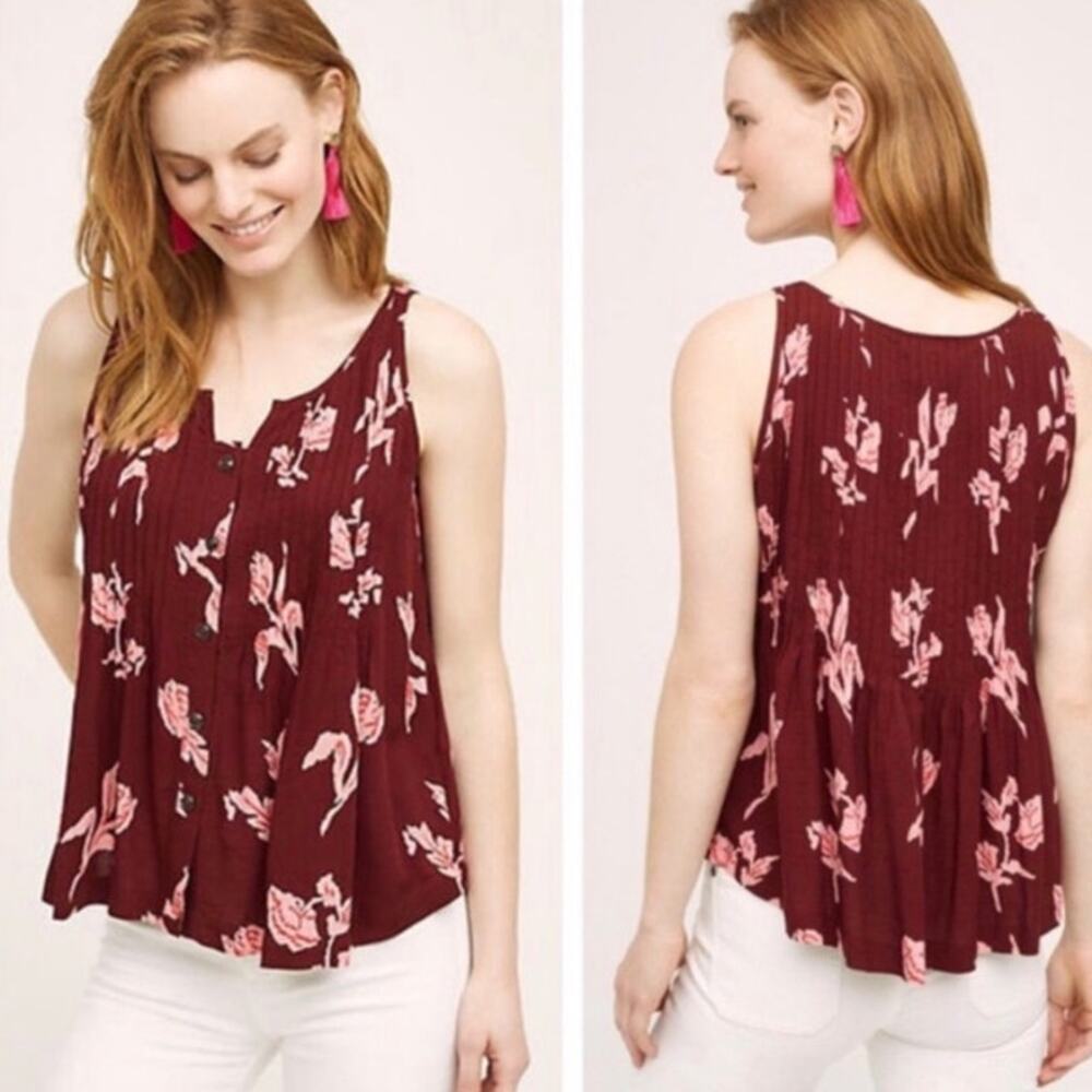 Anthropologie Burgundy Floral Sleeveless Blouse with Pink Accents